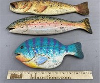 3 Carved Painted Wood Fish Artist Signed