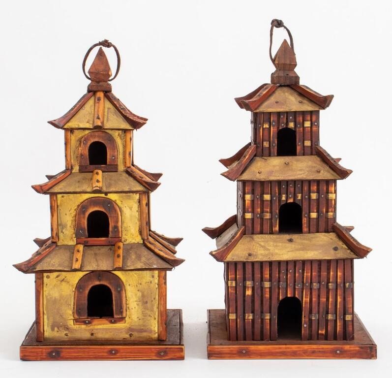 Chinese Pagoda Wood & Brass Bird Feeders, 2