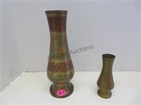 VINTAGE INDIA BRASS BUD VASES WITH COLORED INLAY