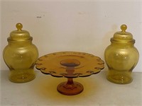 Amber Glass Cookie Jars & Cake Stand