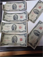 Six 1953  Two Dollar Red Seal Bills- One Has