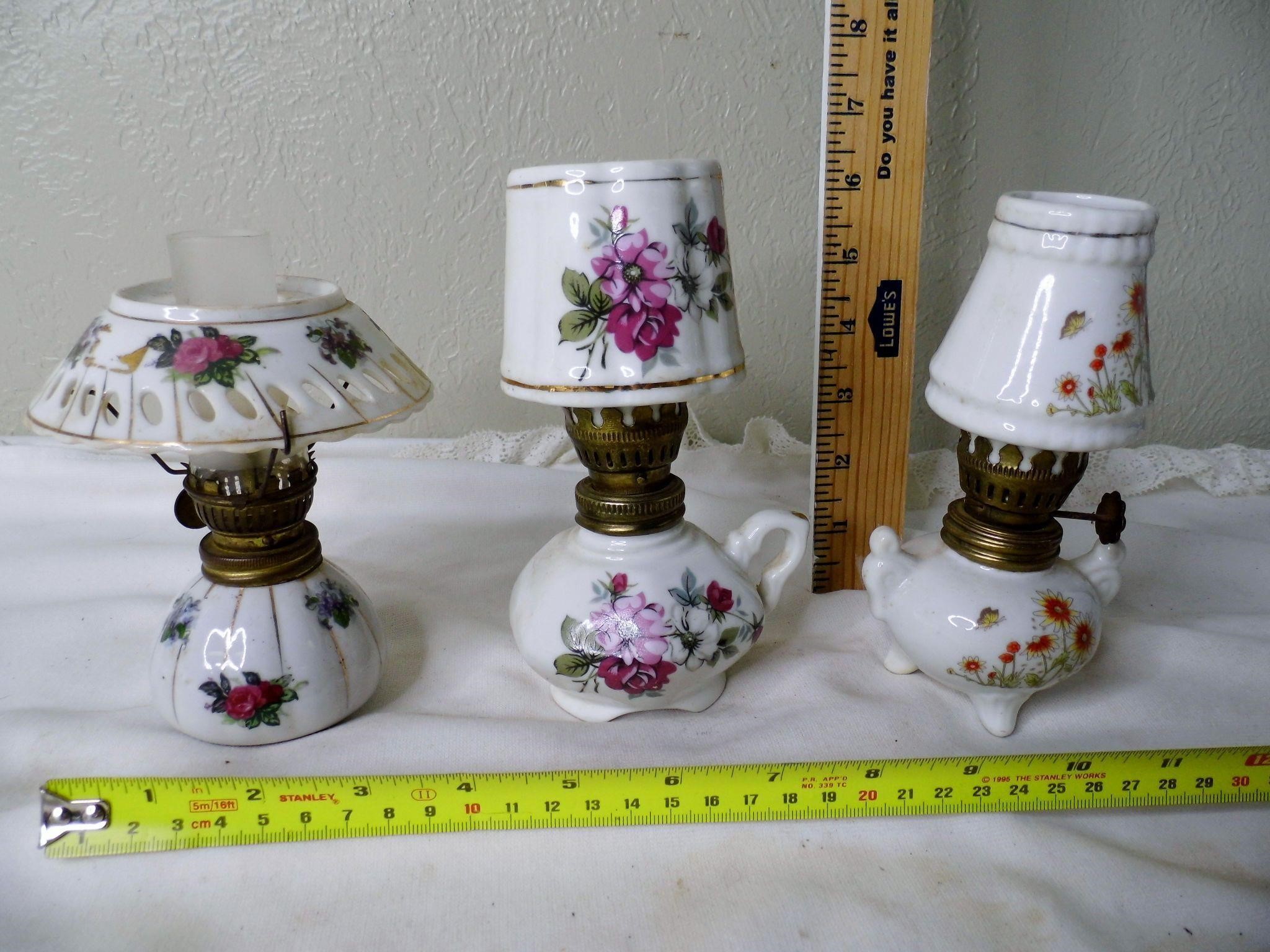 3 Vtg Mini Porcelain Oil Lamps
