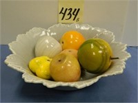 (6) Marble Fruit Pieces & Stubenville Bowl