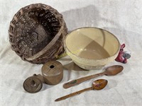 Primitive bowl, wooden spoons, butter press