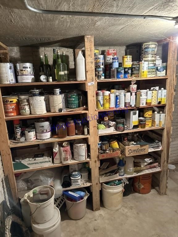 RACK OF ASSORTED PAINT SUPPLIES, IN CELLAR,