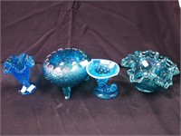 Four pieces of blue glass: iridescent footed
