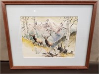 Pretty Watercolor of Pair of Elk on a Mountain by