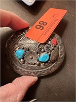 LARGE STERLING SILVER TURQUOISE /CORAL BELT BUCKLE