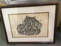 S. Ader 18/200 etching of Tiger Family, framed