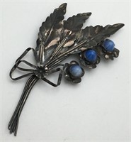Sterling Silver And Blue Stone Leaf Brooch