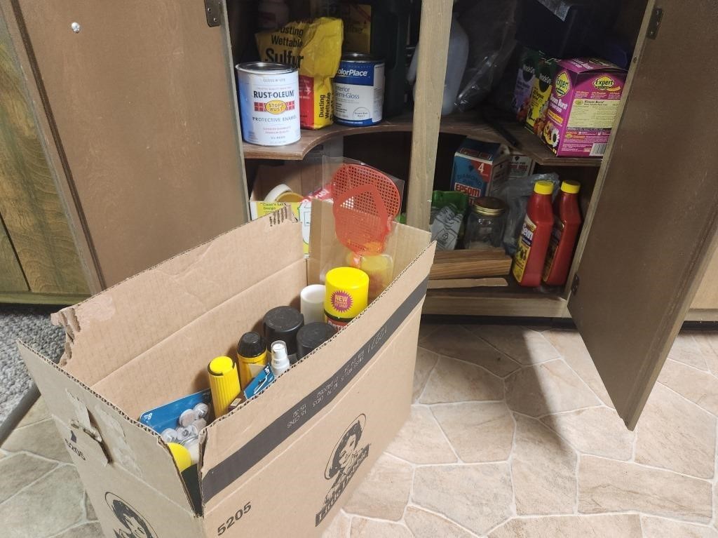 Cabinet & box of Sprays & paints & gardening items