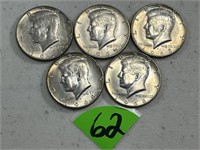 (5) Kennedy 40 Percent Silver Half Dollars