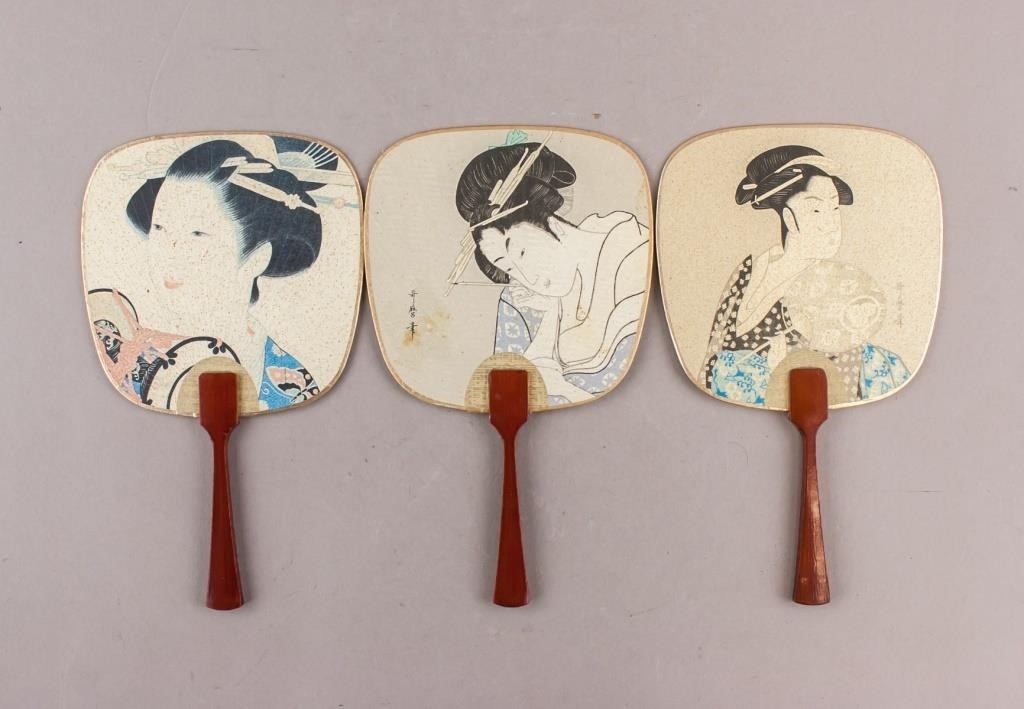 Vintage Japanese Geisha Paper & Bamboo Fans 3pc