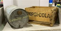 Galvanized Metal Water Can, Wooden Pepsi Crate