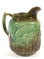 Majolica Hand Painted Birds & Cattails Pitcher