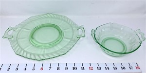 Green Glass Serving Plate & Vaseline Glass Bowl