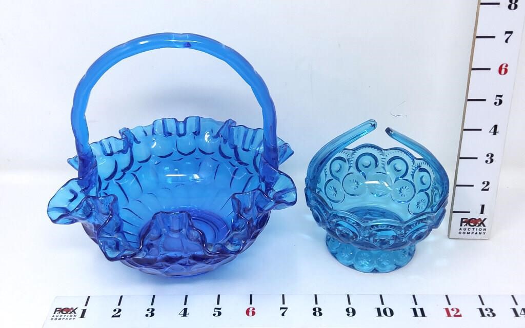 Blue Glass Basket & Split Handle Candy Dish