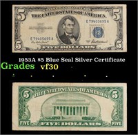 1953A $5 Blue Seal Silver Certificate Grades vf++