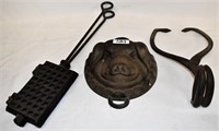 Pig mold, waffle iron & ice tongs