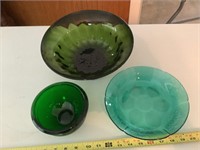 Green glass bowls and plate