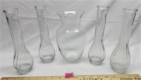 5 Clear Glass Vases, 4 Bud 1 Floral