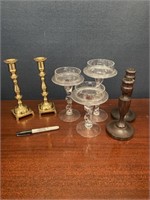 Lot Candlestick Holders Crystal Brass & Wood