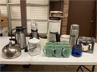 COFFEE MACHINE, THERMOS, CUPS, JAR, ELEC. HOT POT