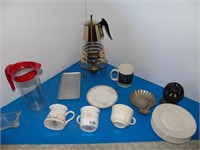Coffee Carafe, mugs, saucers, pitcher, tray,
