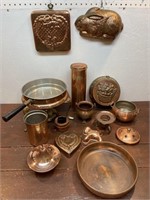 Box lot of copper cookware, molds, pasta holder