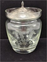 Vintage Etched Glass Jam/Jelly Jar with Sterling