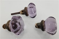 3 vintage Amethyst Color glass doorknobs.