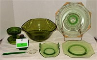 6 Pcs Green Glass: large bowl, candy dish, cake