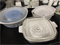 Pyrex and Corning casserole dishes.