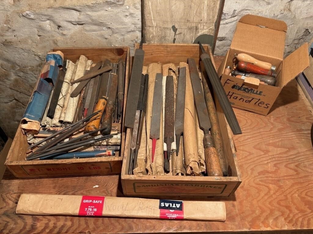 Two Wooden Box Trays of Files, Box of Handles