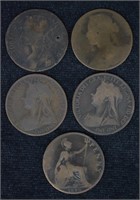 1800's Queen Victoria Brittish Pennies; 5 pcs.