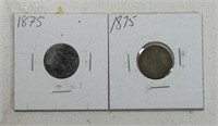 (2) 1875 SILVER 10 CENT DIME COINS