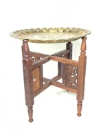 Indian Carved Wooden Folding Table w/ Brass Top