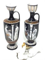 2 Hand Painted Greece Vases & Clip-On Birds