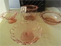 4 PINK OPEN LACE BOWLS & CANDY DISH