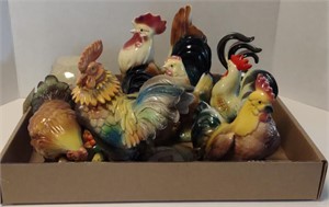 Unmarked Rooster Figurines, Largest 6" x 6"