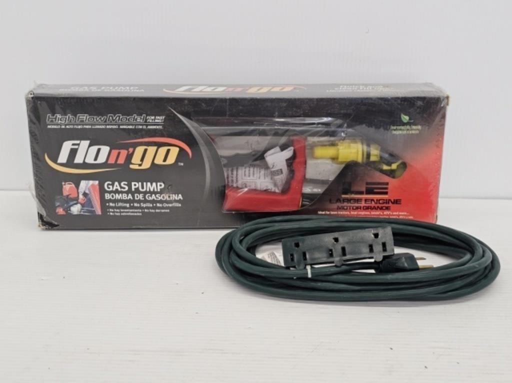 NEW FLO N GO GAS PUMP AND 3 OUTLET EXT. CORD
