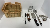Wicker basket w/ assorted kitchen utensils such