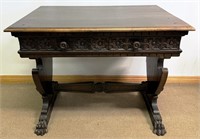 EXCEPTIONAL 1890'S CARVED WALNUT TWO DRAWER DESK