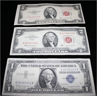 (1) Silver Certificate, (2) Red Seal $2.00 Dollar