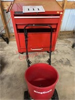 Toolbox and contents, seed spreader (needs