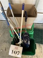 3 plastic tubs empty broom, vacuum mops