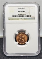 1949-S Slab Lincoln Cent NGC MS66 RD