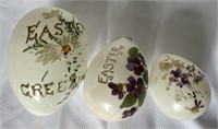 3 Antique Hand Painted Milk Glass Easter Eggs