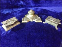 Vintage Brass Ink Well and Stamp Boxes