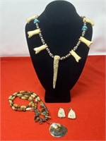 Hand Carved Bone with Turquoise Accent Necklace,